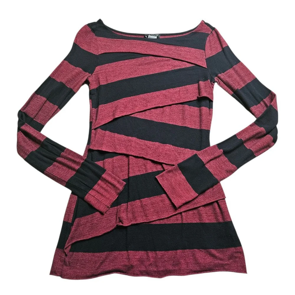 Venus Small Red Black Stripe Layered Long Sleeve Top - Picture 3 of 7
